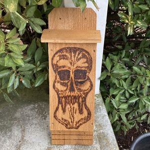 SKULL Wood burned Bat house Handcrafted SKULL bat house original artisan